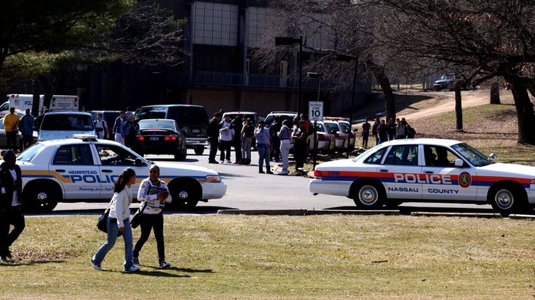 Police arrive at Hempstead High School after a large fight...