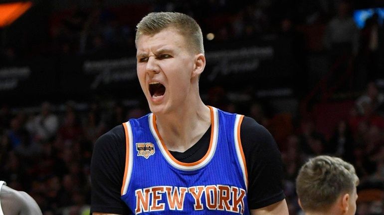 Kristaps Porzingis reacts against the Miami Heat on Dec. 6,...