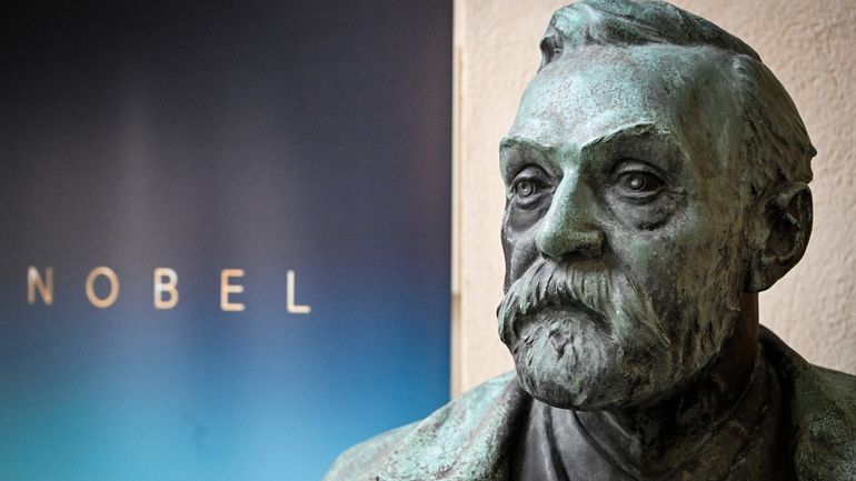 A bust of Alfred Nobel on display following a press...