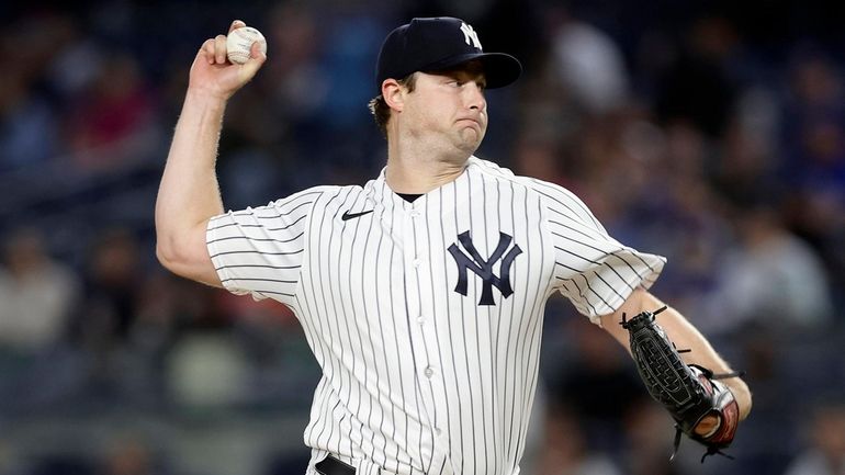 Gerrit Cole of the Yankees pitches during the first inning against the...