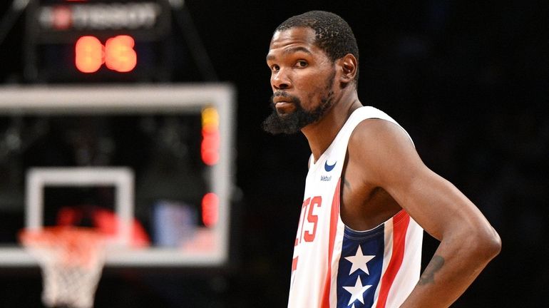 Nets forward Kevin Durant looks on Indiana Pacers in the...