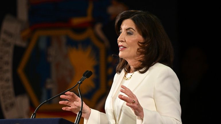 New York Gov. Kathy Hochul delivers an address during her inauguration ceremony Sunday...