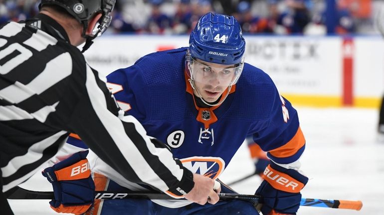 New York Islanders center Jean-Gabriel Pageau before a faceoff against...