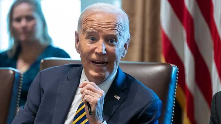 President Joe Biden speaks during a meeting with the members...