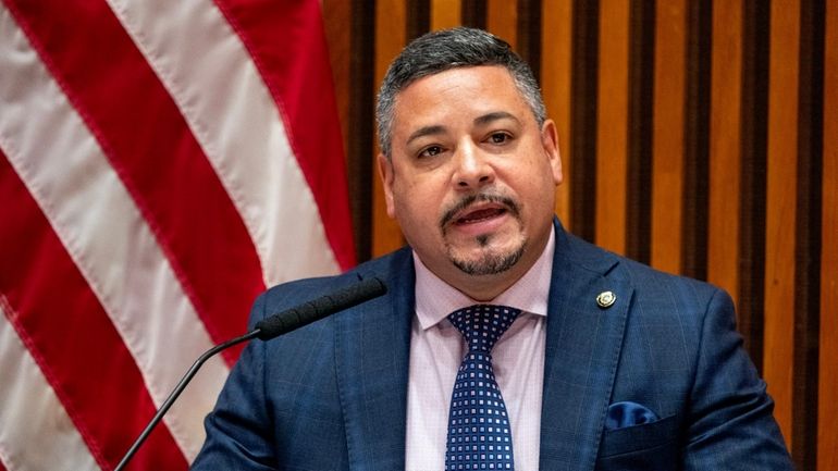 NYPD Commissioner Edward Caban talks to reporters at 1 Police Plaza...