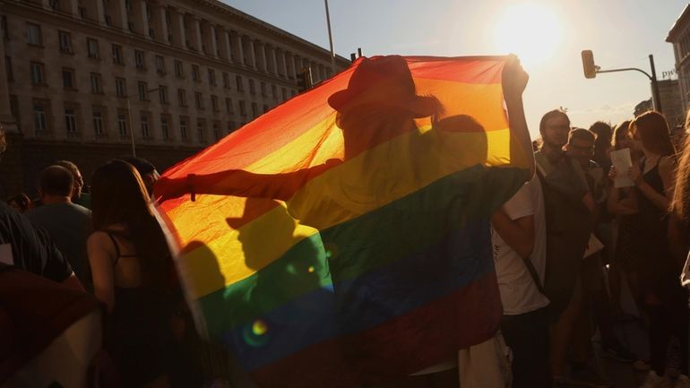 Protesters rally outside Bulgaria's parliament, Thursday, Aug. 8, 2024 in...