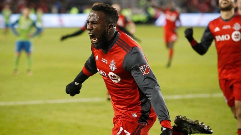 Toronto FC forward Jozy Altidore celebrates his goal against the...