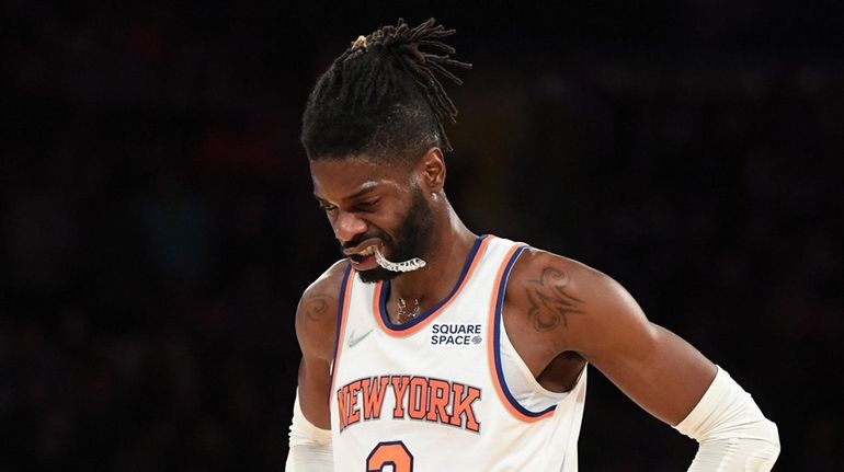 Knicks center Nerlens Noel looks on against the Houston Rockets...