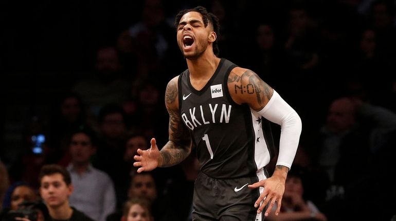 D'Angelo Russell of the Nets reacts after a basket during the...