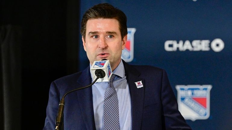 Rangers GM Chris Drury speaks during a press conference prior...