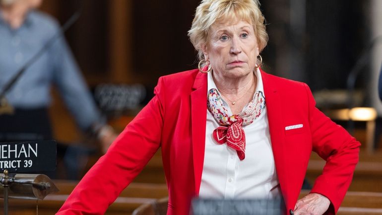 State Sen. Lou Ann Linehan works on the legislative floor...