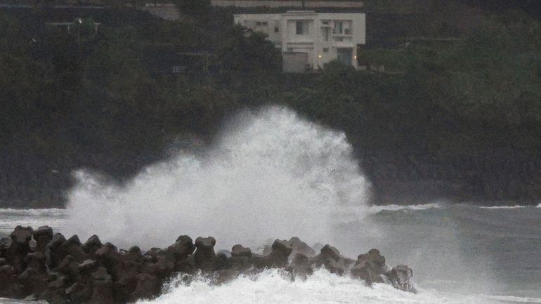 Waves hit a coastal area in Makurazaki, Kagoshima prefecture, western...