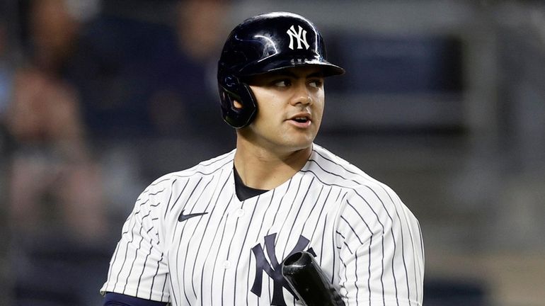 Jasson Dominguez #89 of the Yankees strikes out during the first...