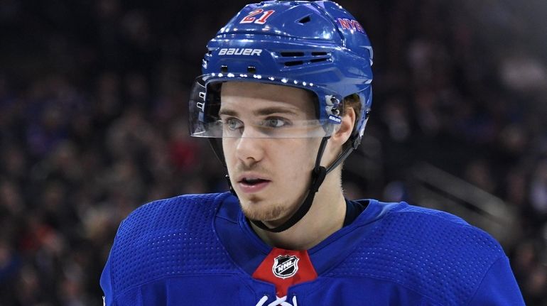 New York Rangers center Brett Howden lookson against the Philadelphia...