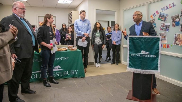 SUNY Old Westbury President Timothy Sams speaks at a ceremony Wednesday...