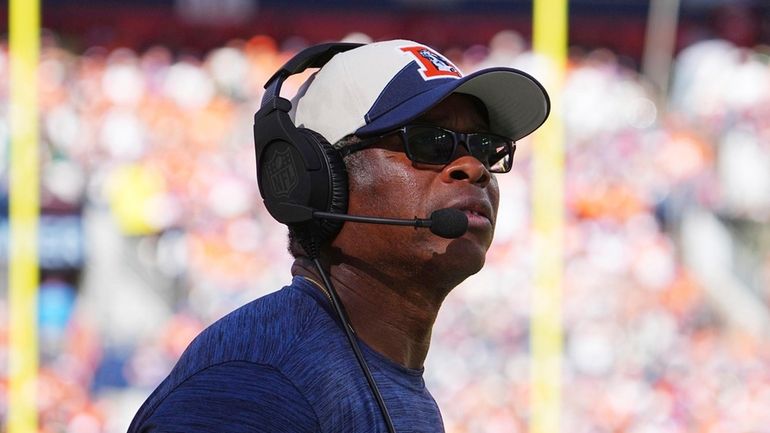 Denver Bronco defensive coordinator Vance Joseph looks on during an...