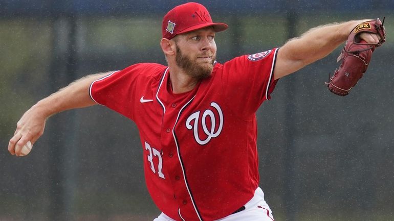 Washington Nationals pitcher Stephen Strasburg throws live batting practice in...