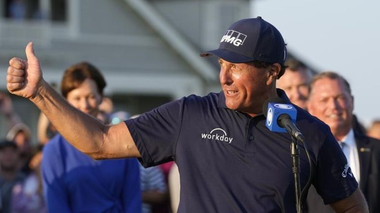 FILE - Phil Mickelson speaks after winning the PGA Championship...