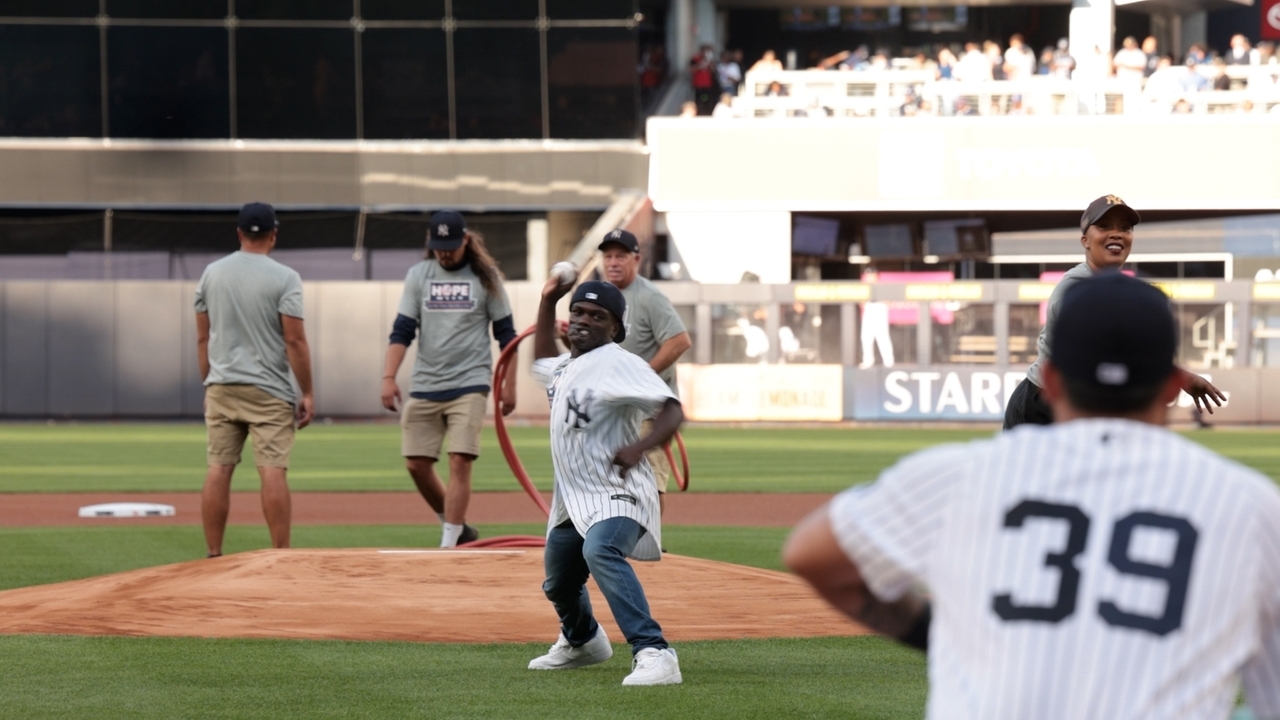 Long Beach's Dunia Sibomana-Rodriguez throws first pitch at Yankee Stadium