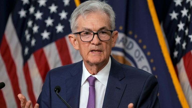 Federal Reserve Board Chair Jerome Powell speaks during a news...