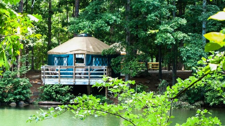 A blue yurt in Fort Yargo State Park in Winder,...