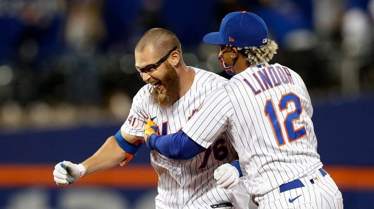 Patrick Mazeika #76 of the Mets celebrates his ninth inning...