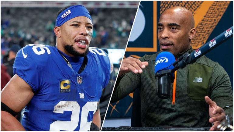 Former Giants running backs Saquon Barkley and Tiki Barber.