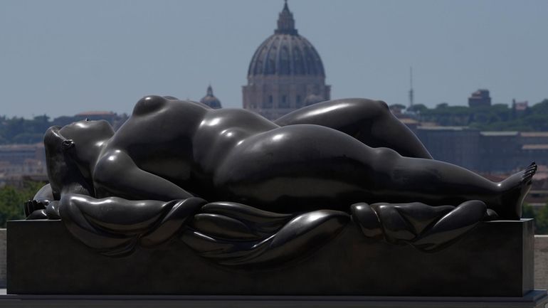 Botero's "Sleeping Venus" sculpture, installed in Rome's Pincio Terrace, Friday,...