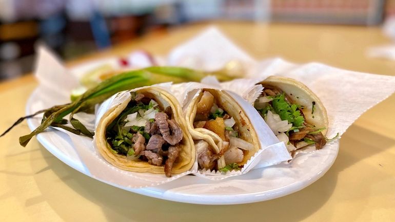 A trio of tacos (cecina, carnitas and barbacoa) at Tacos...