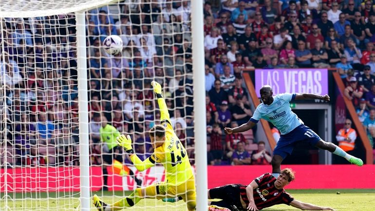 Brentford's Yoane Wissa scores their side's second goal during the...