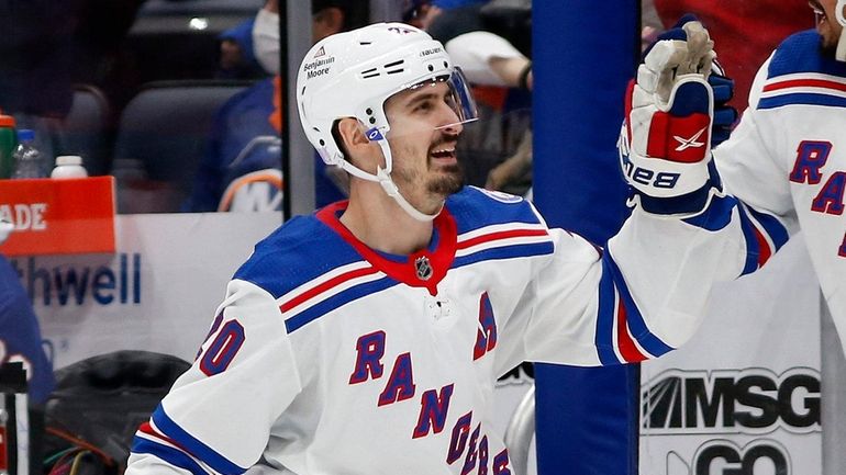 Chris Kreider of the New York Rangers celebrates his third-period...