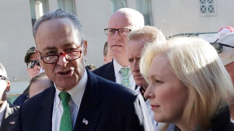 Sen. Charles Schumer, D-NY, center, Sen. Kirsten Gillebrand, D-NY, second...