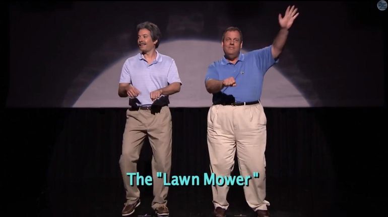 Host Jimmy Fallon, left, and NJ Governor Chris Christie perform...