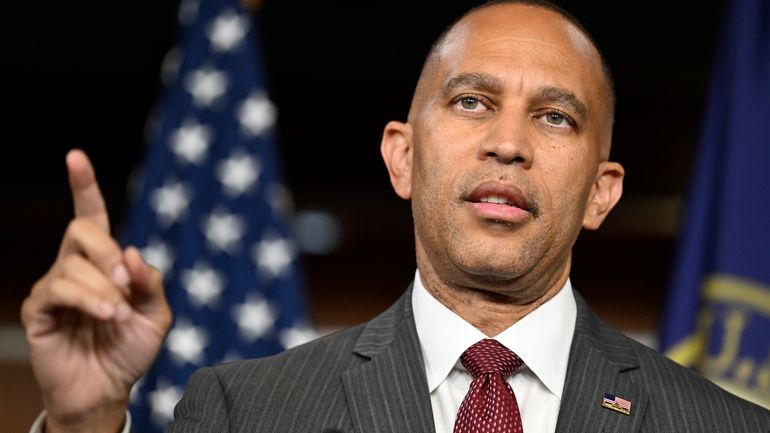 House Minority Leader Rep. Hakeem Jeffries, D-N.Y., speaks at his...