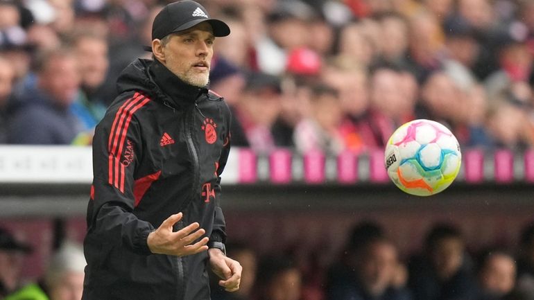 Bayern's head coach Thomas Tuchel passes the ball during the...