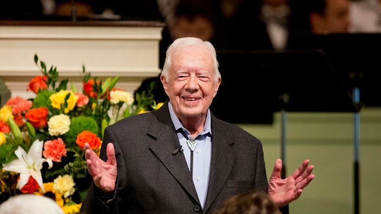 Former President Jimmy Carter teaches Sunday School class at the...