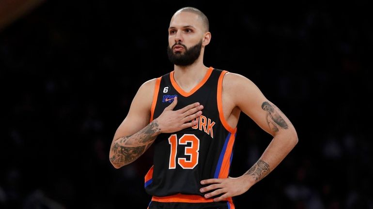 Evan Fournier of the Knicks looks on against the 76ers at...