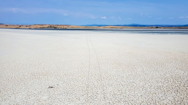 The dried out Lake Picrolimni is seen from above, in...