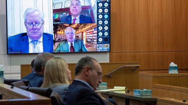 Mark Meadows, left, Stephen Binhak and Jim Eastman appear virtually...