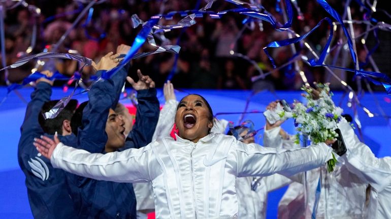 Jordan Chiles celebrates after she was named to the 2024...