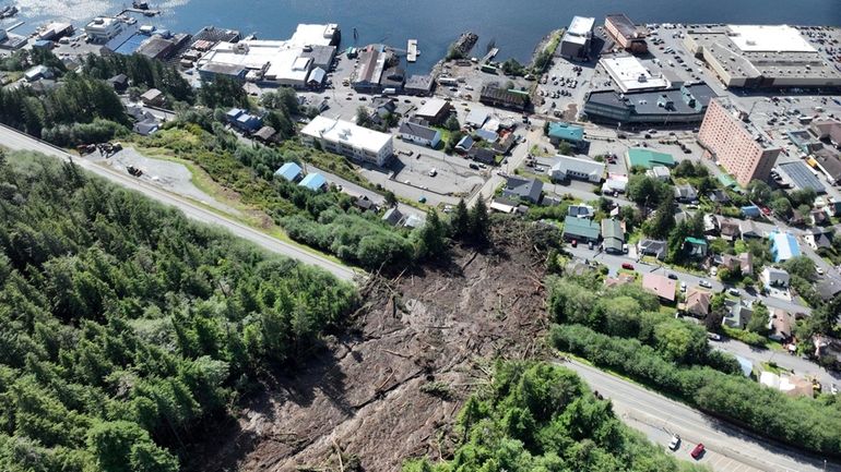 This drone photo taken by DOT&PF, shows the Ketchikan landslide...