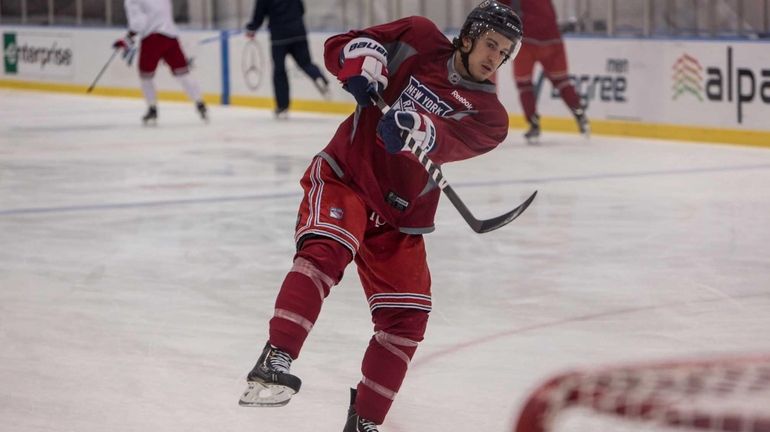 Michael Del Zotto skates during Rangers training camp at the...