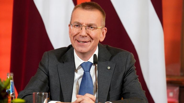 Newly elected Latvian President Edgars Rinkevics speaks to the media...