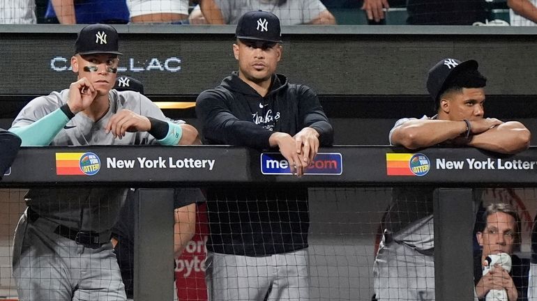 Yankees' Aaron Judge, Giancarlo Stanton and Juan Soto, from left,...