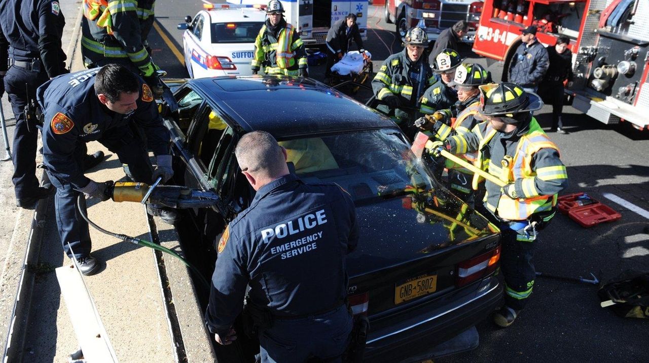 Trapped Volvo driver rescued after crash in Islip Terrace, police say Newsday