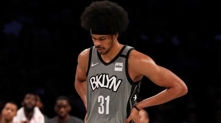 Jarrett Allen of the Nets reacts during the second half...