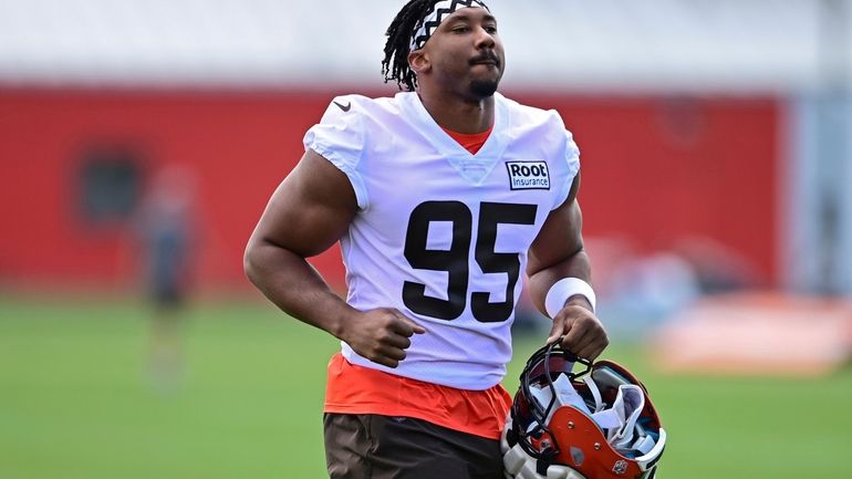 FILE - Cleveland Browns defensive end Myles Garrett runs during...