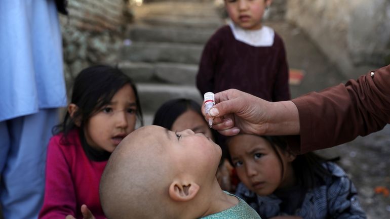 Shabana Maani, gives a polio vaccination to a child in...