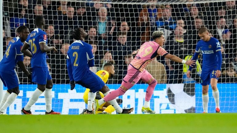 Leeds United's Mateo Joseph celebrates after scoring his side's first...