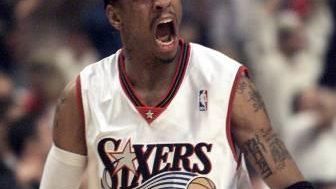 Philadelphia 76ers' Allen Iverson reacts during the first quarter of...